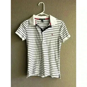 Ralph Lauren Shirt Top Girls Medium White Black Striped LRL Red Logo